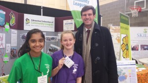 (L-R) Volunteers from The Meadows Community League, Iman and Kassidey, were thrilled to meet Edmonton mayor, Don  Iveson.